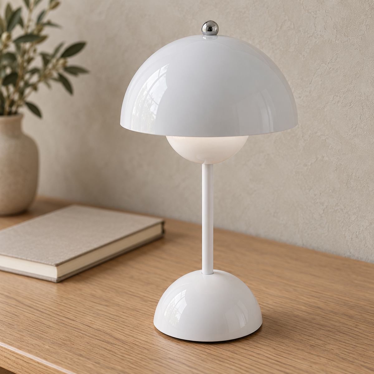 Retomira white battery operated table lamp close up at the glossy rounded dome edge