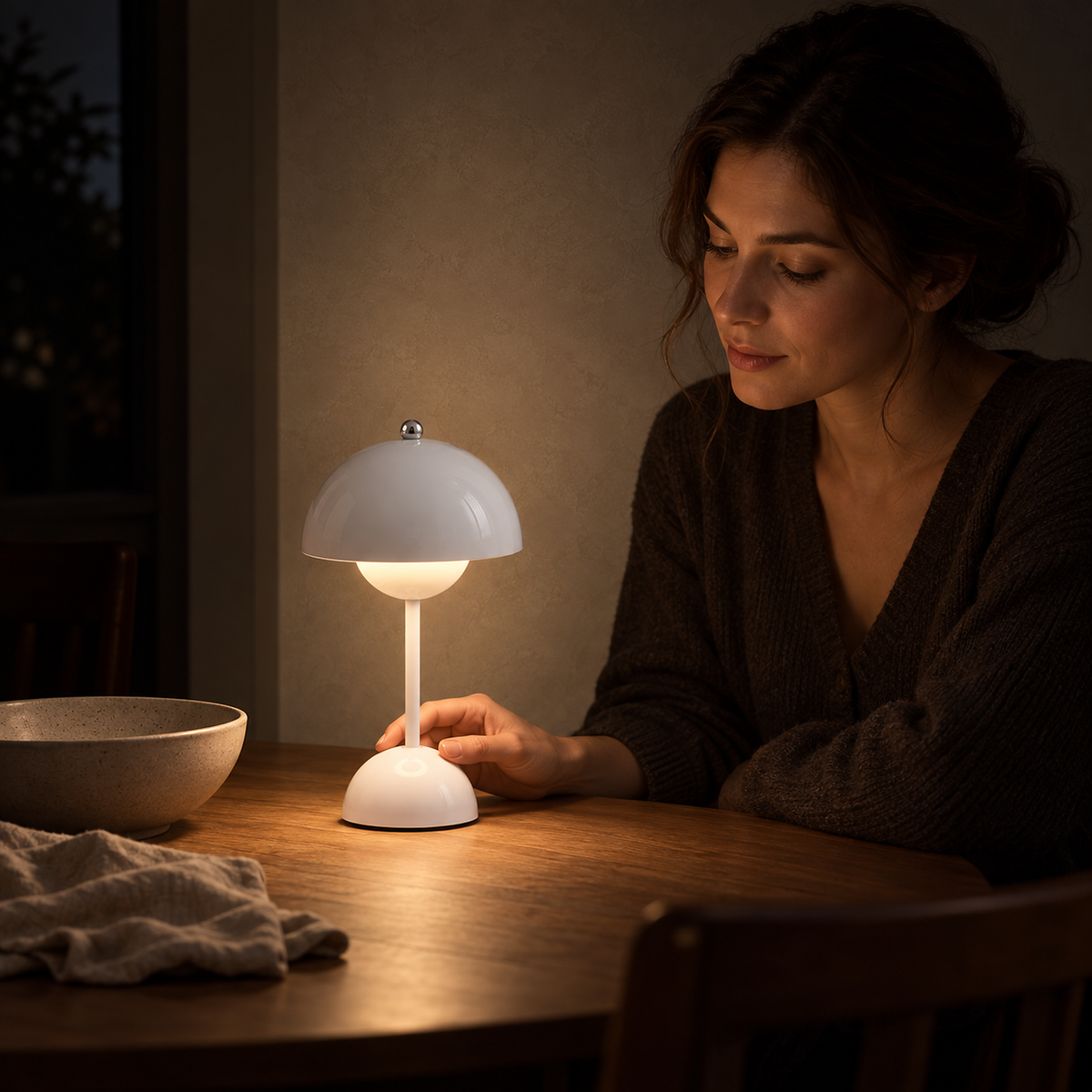 Retomira white cordless table lamp beside someone relaxing after supper at night