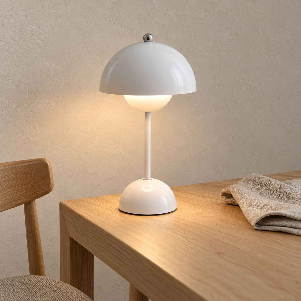 Retomira white portable table lamp glowing on a dining table in daylight