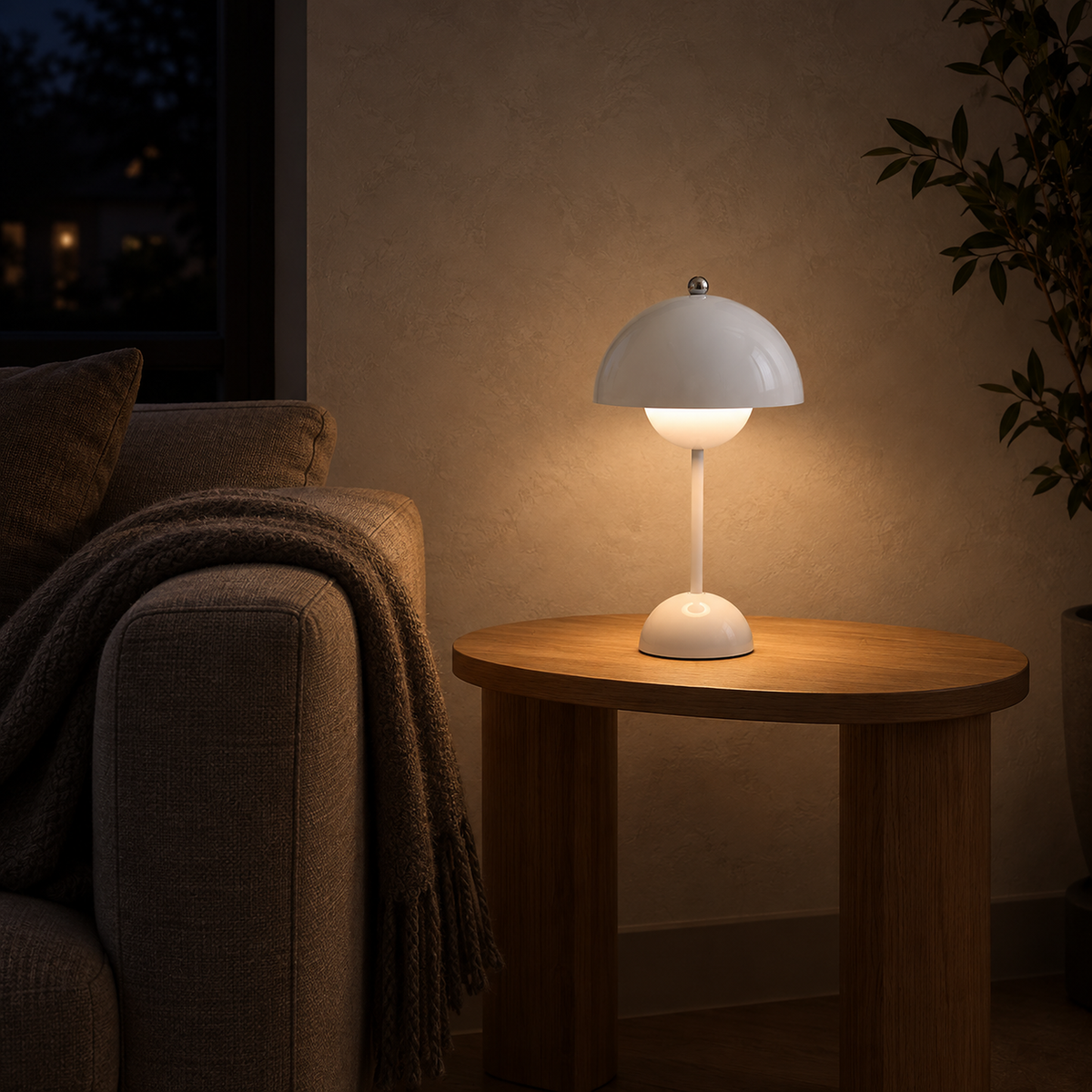 Retomira white portable table lamp lighting a bare living room table at night