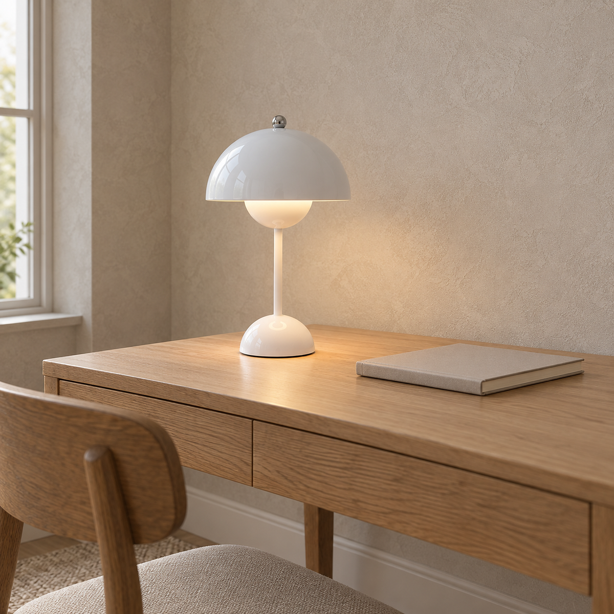 Retomira white portable table lamp showing low light beneath its rounded dome
