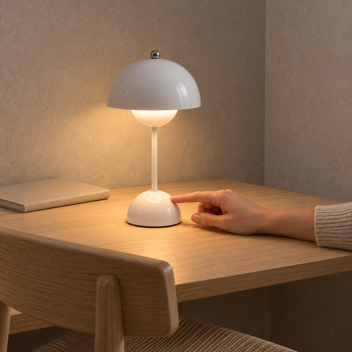 Retomira white rechargeable table lamp touched to dim it while glowing softly