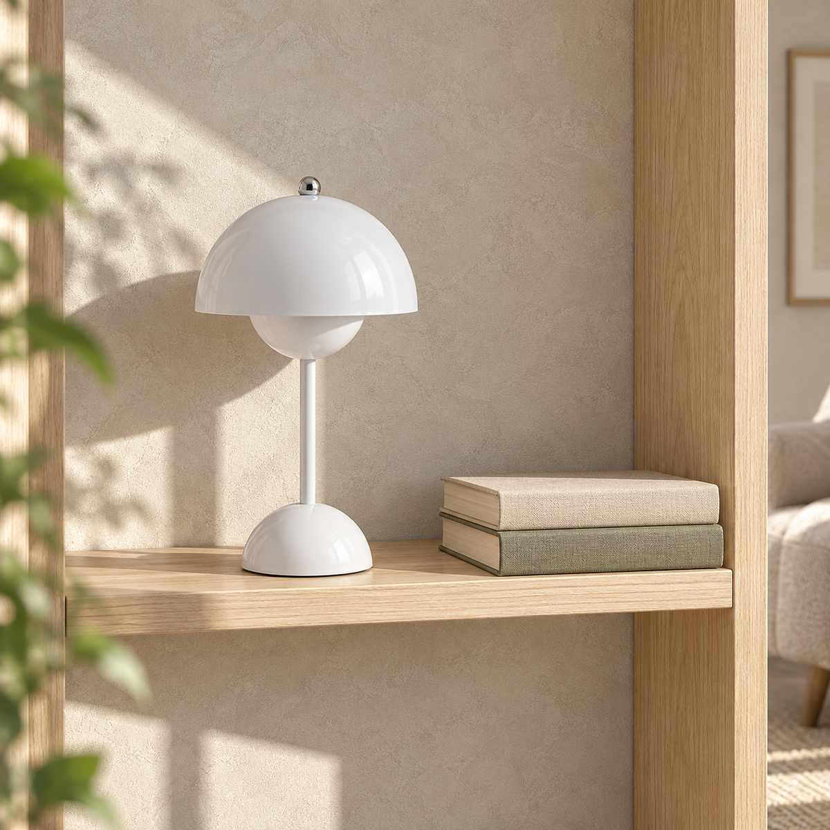 Retomira white table lamp resting unlit on a library shelf in daylight