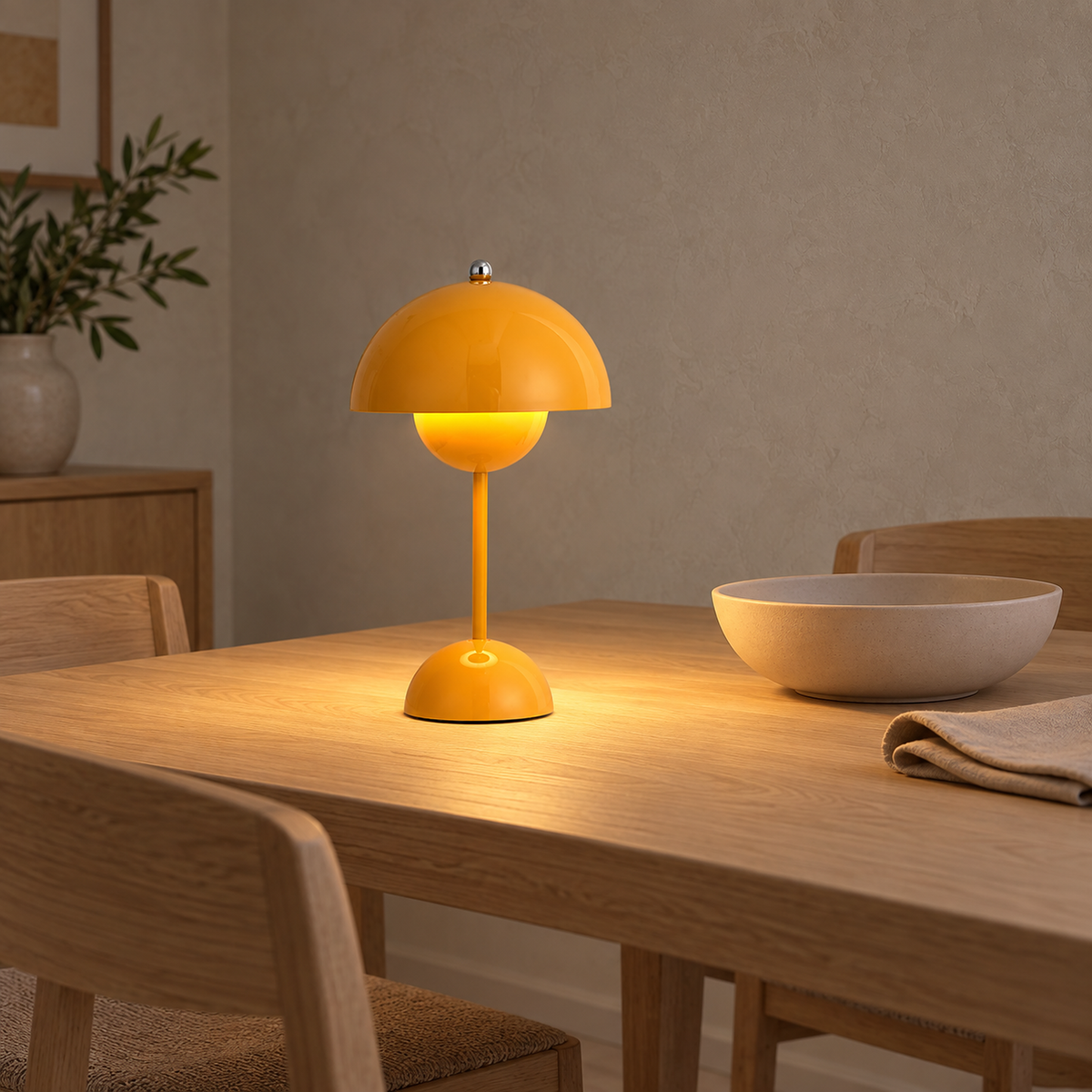 Retomira yellow cordless table lamp lighting a quiet dining corner #color_yellow