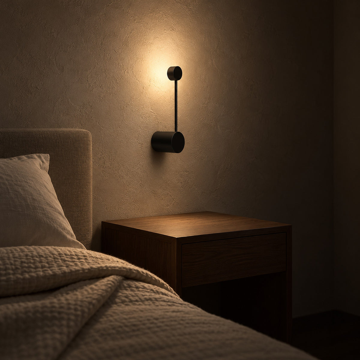 Rilameo black bedside wall light leaving the bedside space clear in a sleeping nook at night