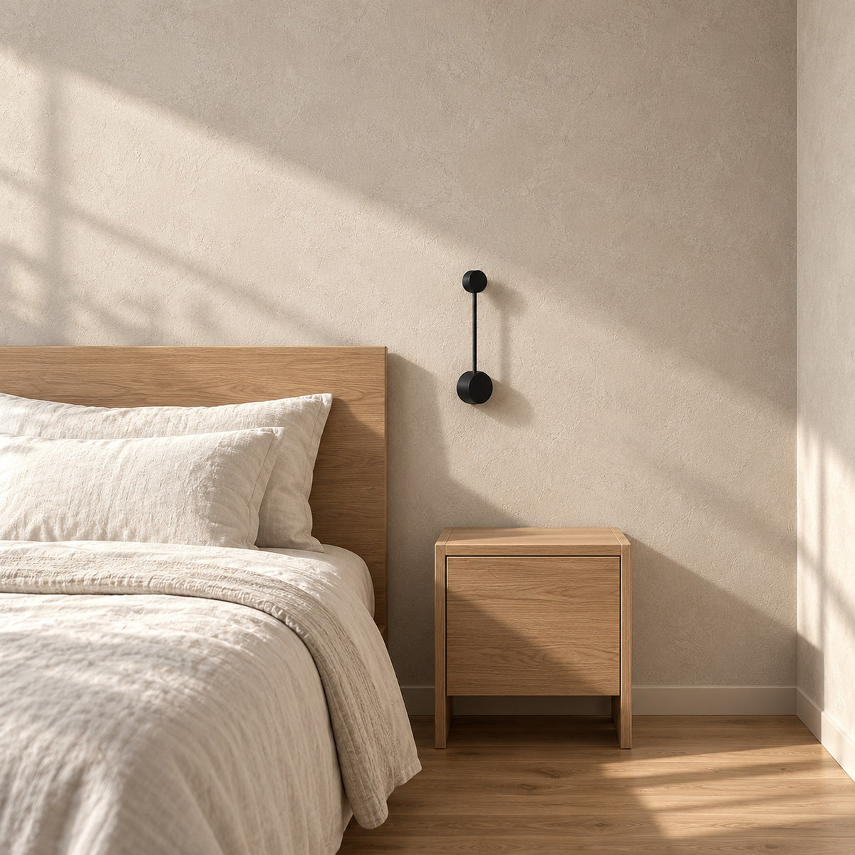 Rilameo black hardwired wall sconce unlit beside a bedroom headboard in daylight