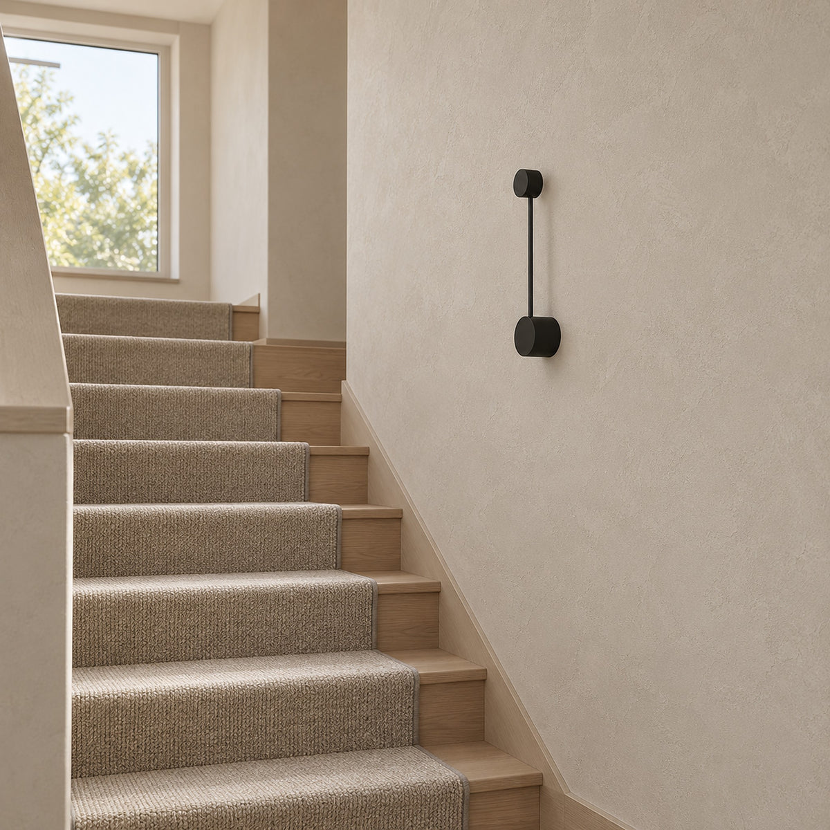 Rilameo black wall light fitting a narrow stairway wall in a hallway