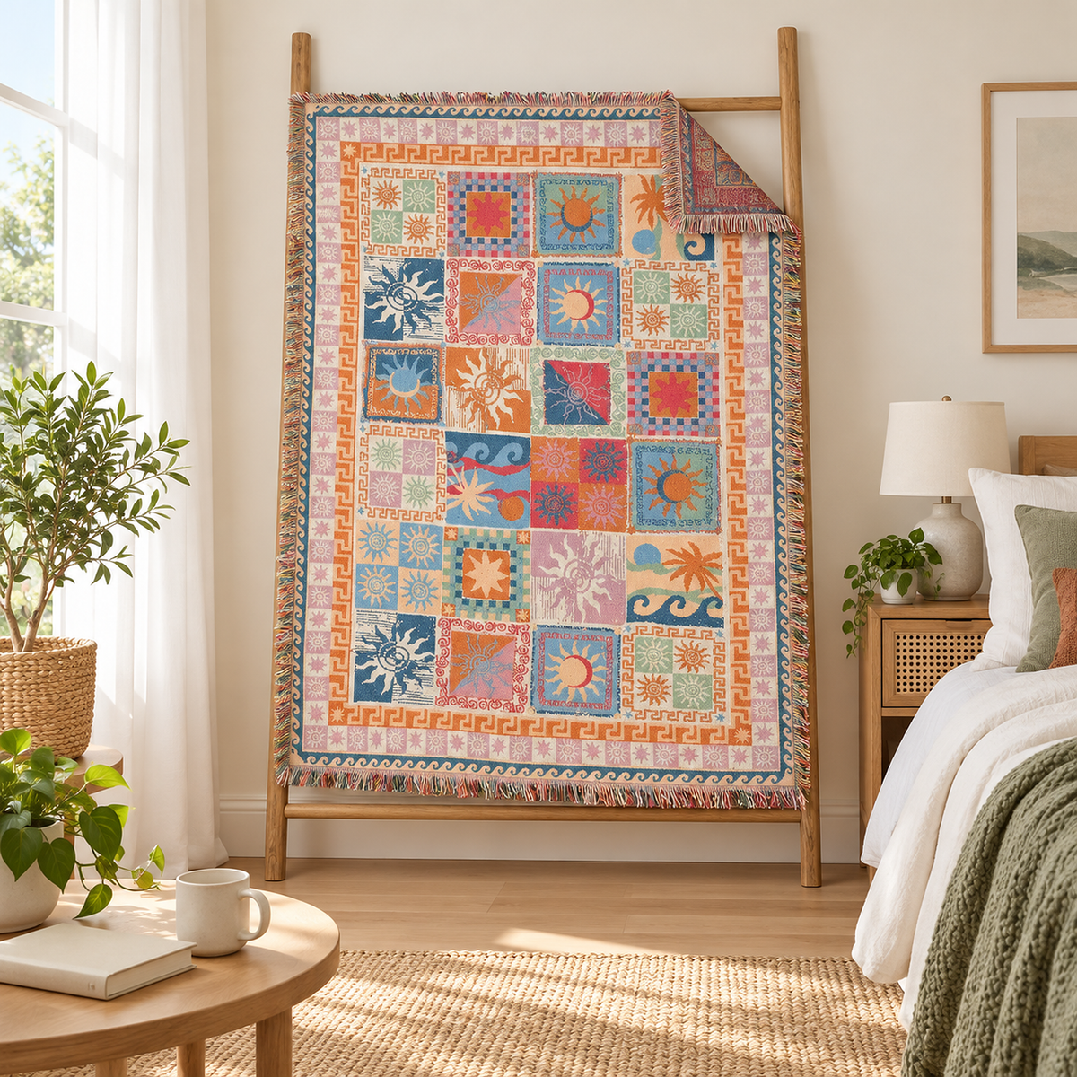 Rimalsa multicolored fringe throw blanket hanging open on a wooden blanket ladder to show the full panel design