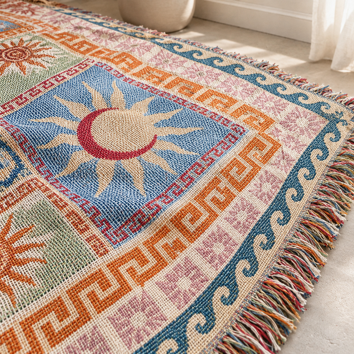 Rimalsa multicolored throw blanket close up of the sun motif and surface texture