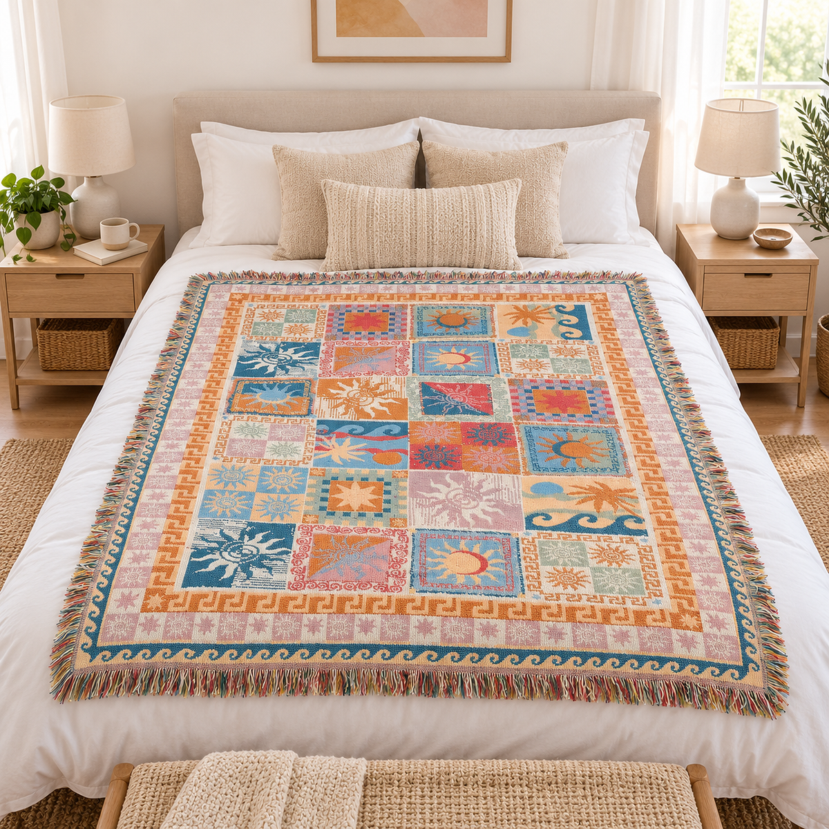 Rimalsa multicolored throw blanket spread open across a made bed in a bright bedroom