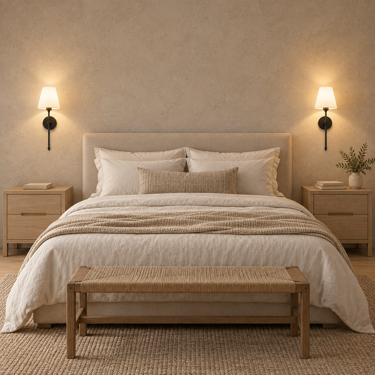 Rimavio black cordless wall lamp pair lit above bedside books in a bedroom