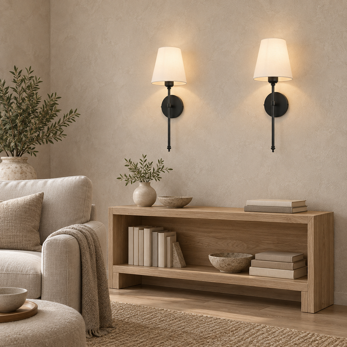 Rimavio black cordless wall lamp pair showing the wall mounting profile in a reading nook #color_black