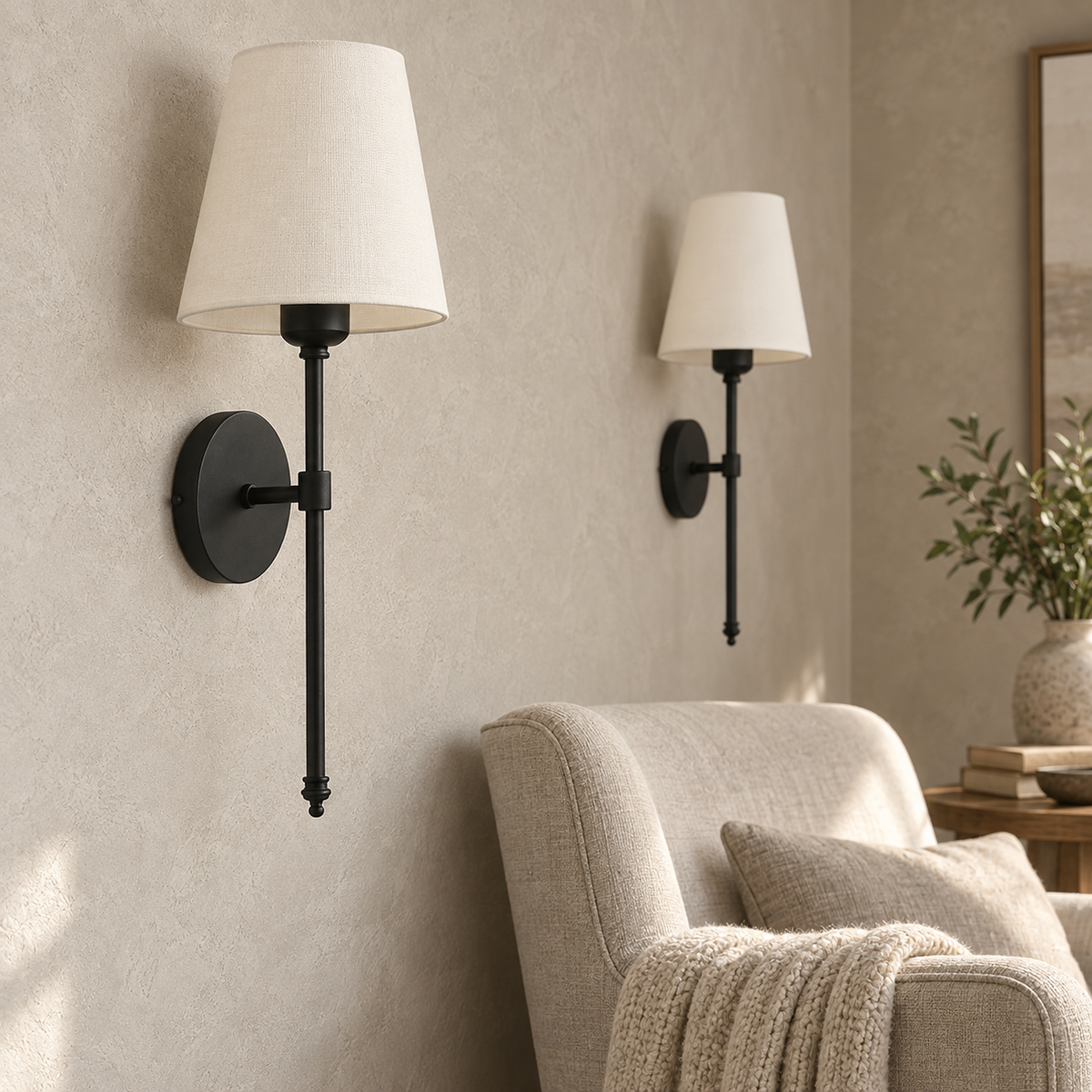 Rimavio black LED wall sconce closeup of the fabric shade rim and metal body in a reading nook #color_black