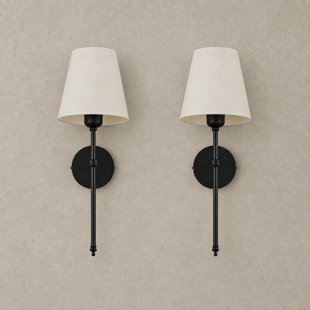 Rimavio black rechargeable wall sconce pair with fabric shades switched off on a plain backdrop #color_black