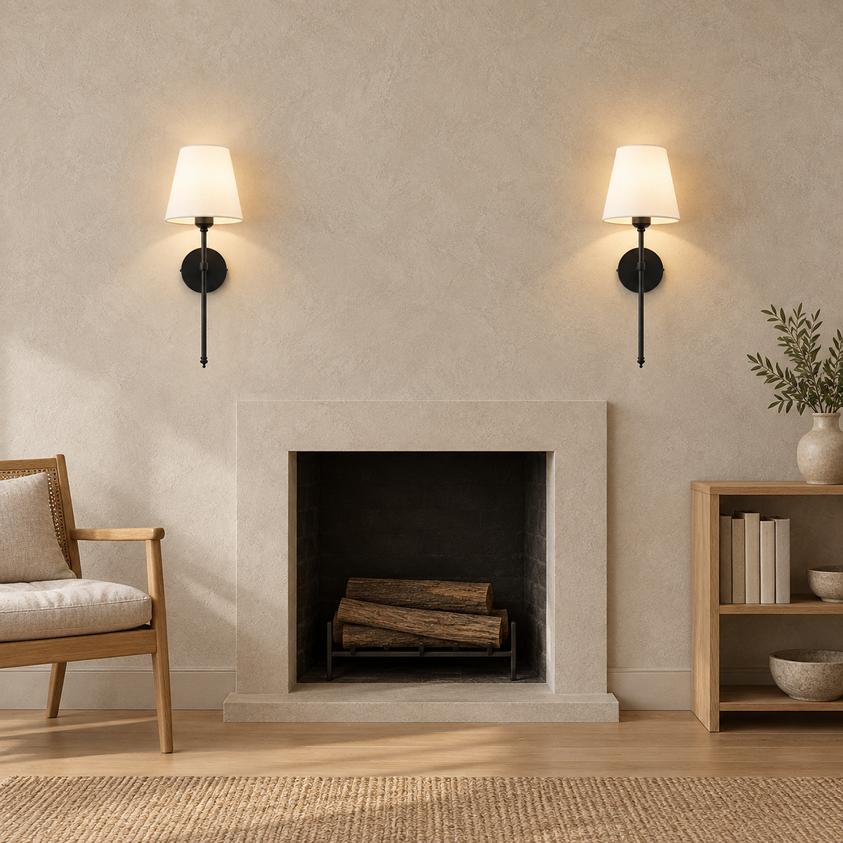 Rimavio black wireless wall light pair lit beside an unlit library fireplace during the day #color_black