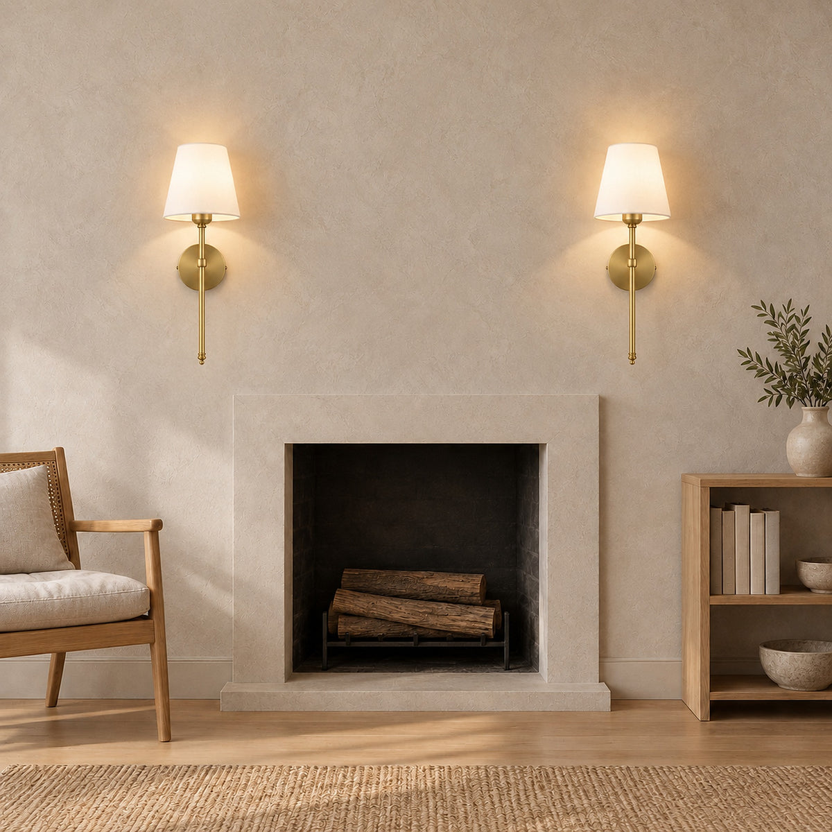 Rimavio gold rechargeable wall sconce pair lit on each side of a fireplace during the day #color_gold