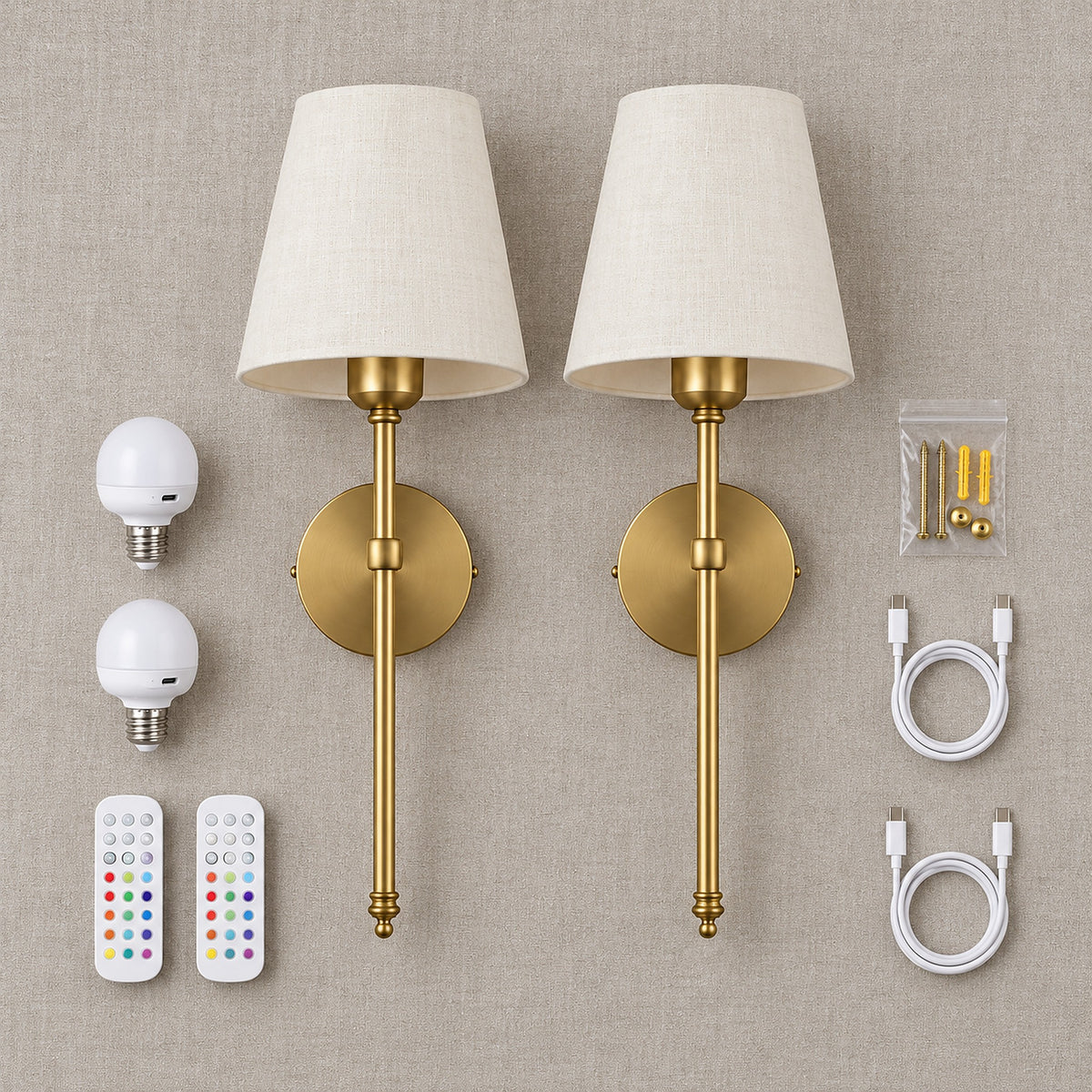 Rimavio gold wall sconce set of 2 in the box: two sconces, two rechargeable bulbs, two remotes and two USB-C cables #color_gold