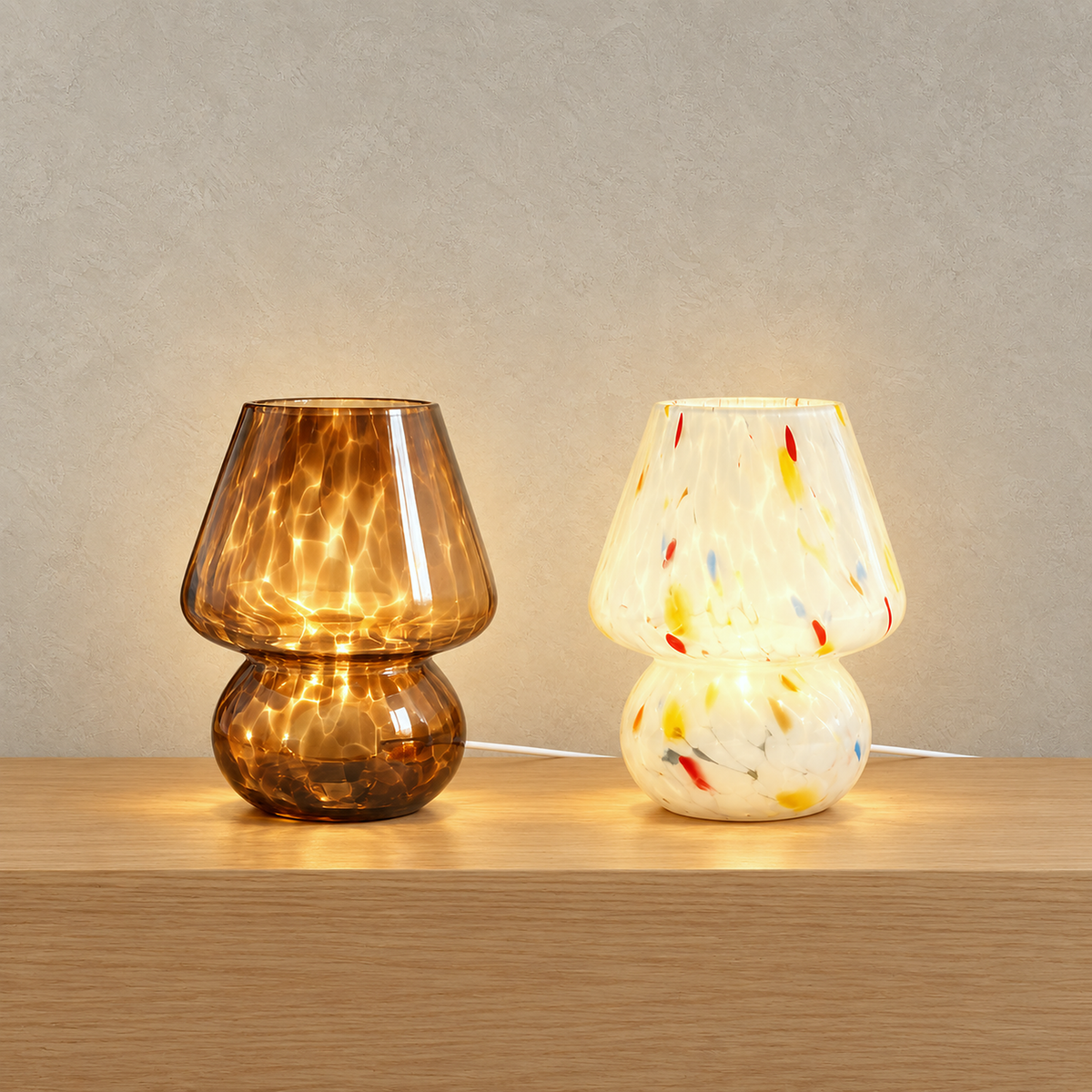 Rimelota brown and white mushroom table lamp pair glowing side by side on a plain backdrop