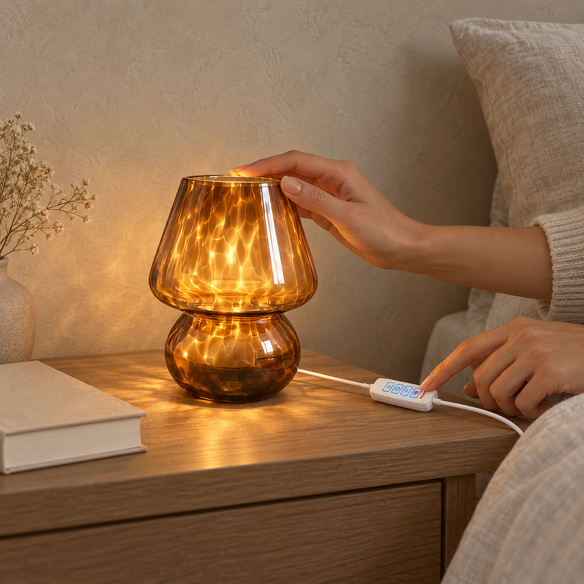Rimelota brown bedside lamp glowing on a nightstand beside the bed in a bedroom