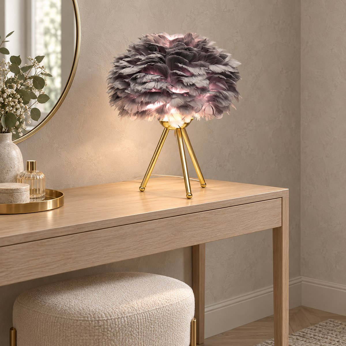 Rimolen gray gold table lamp glowing on a console in a dressing room by day #color_gray gold