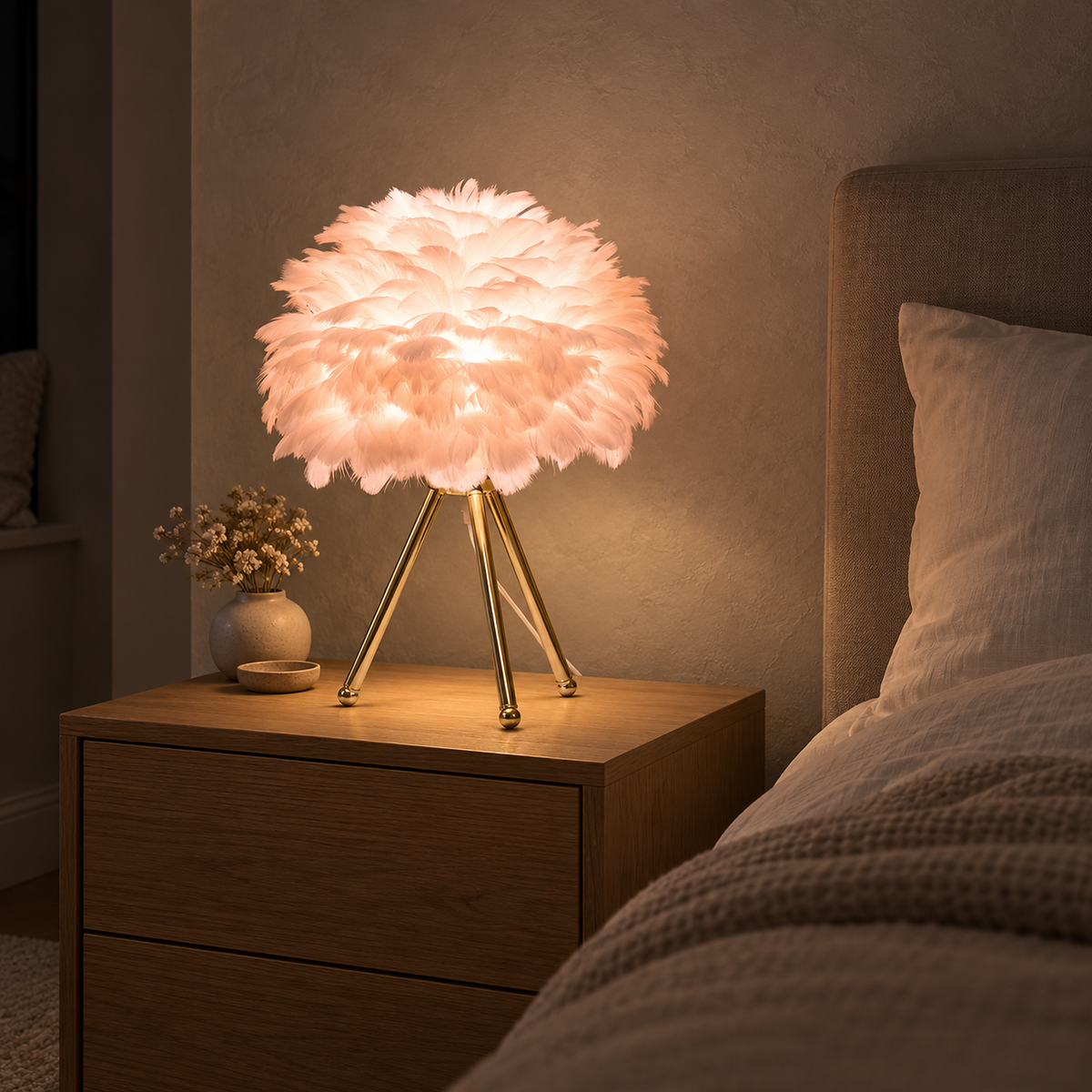 Rimolen light pink gold bedside lamp at night with light peeking out between the feather layers