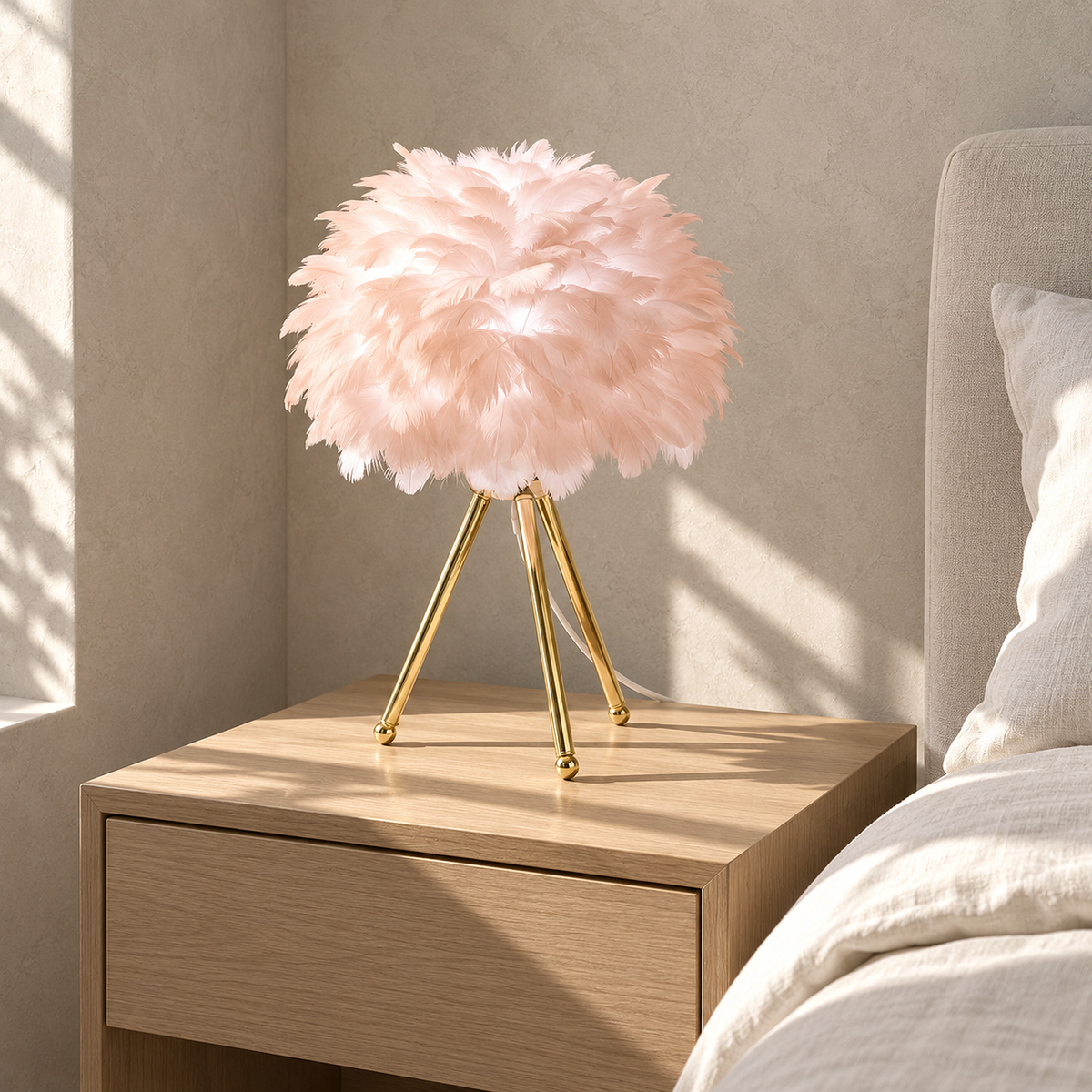 Rimolen light pink gold bedside lamp unlit on a sunlit nightstand in a guest sleeping alcove
