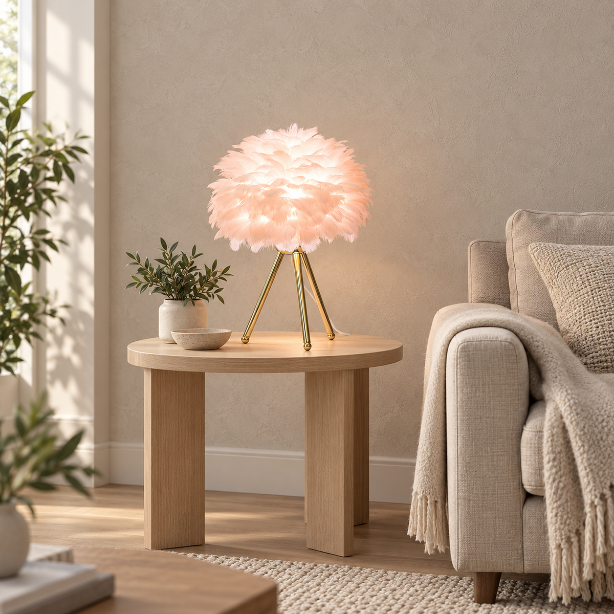 Rimolen light pink gold table lamp lit beside an oatmeal sofa in a living room by day