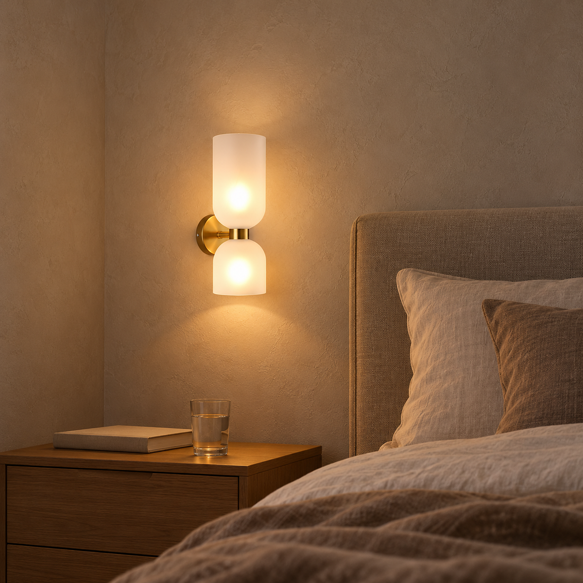 Riselona gold and opal glass bedside wall light casting warm light next to a bed