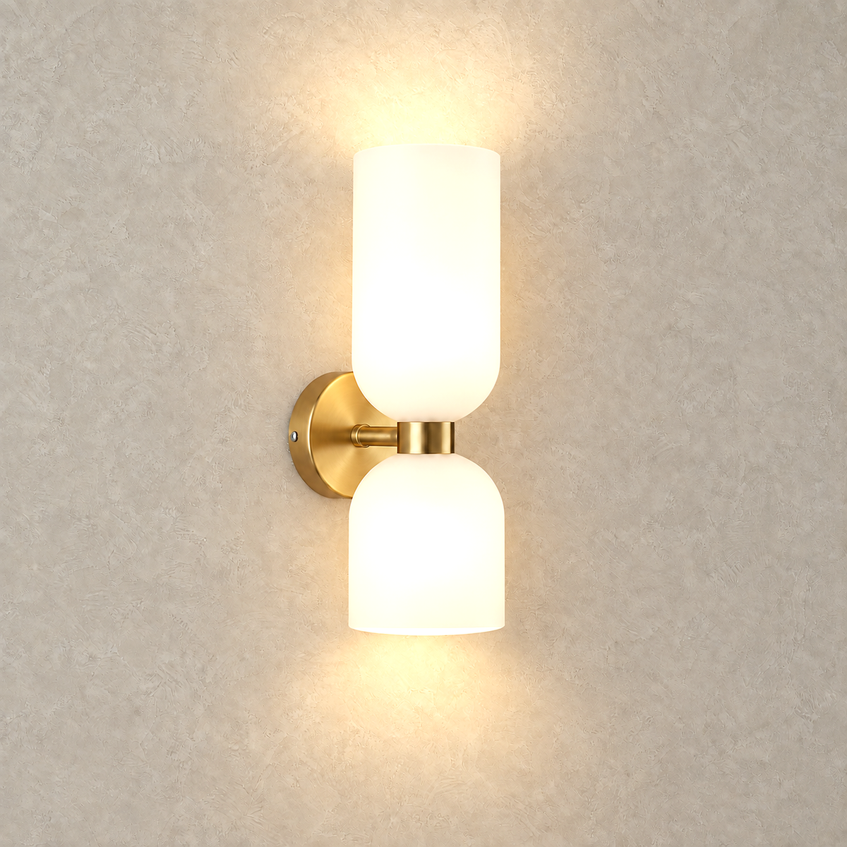 Riselona gold and opal glass bedside wall light lit with a warm glow on a plain backdrop