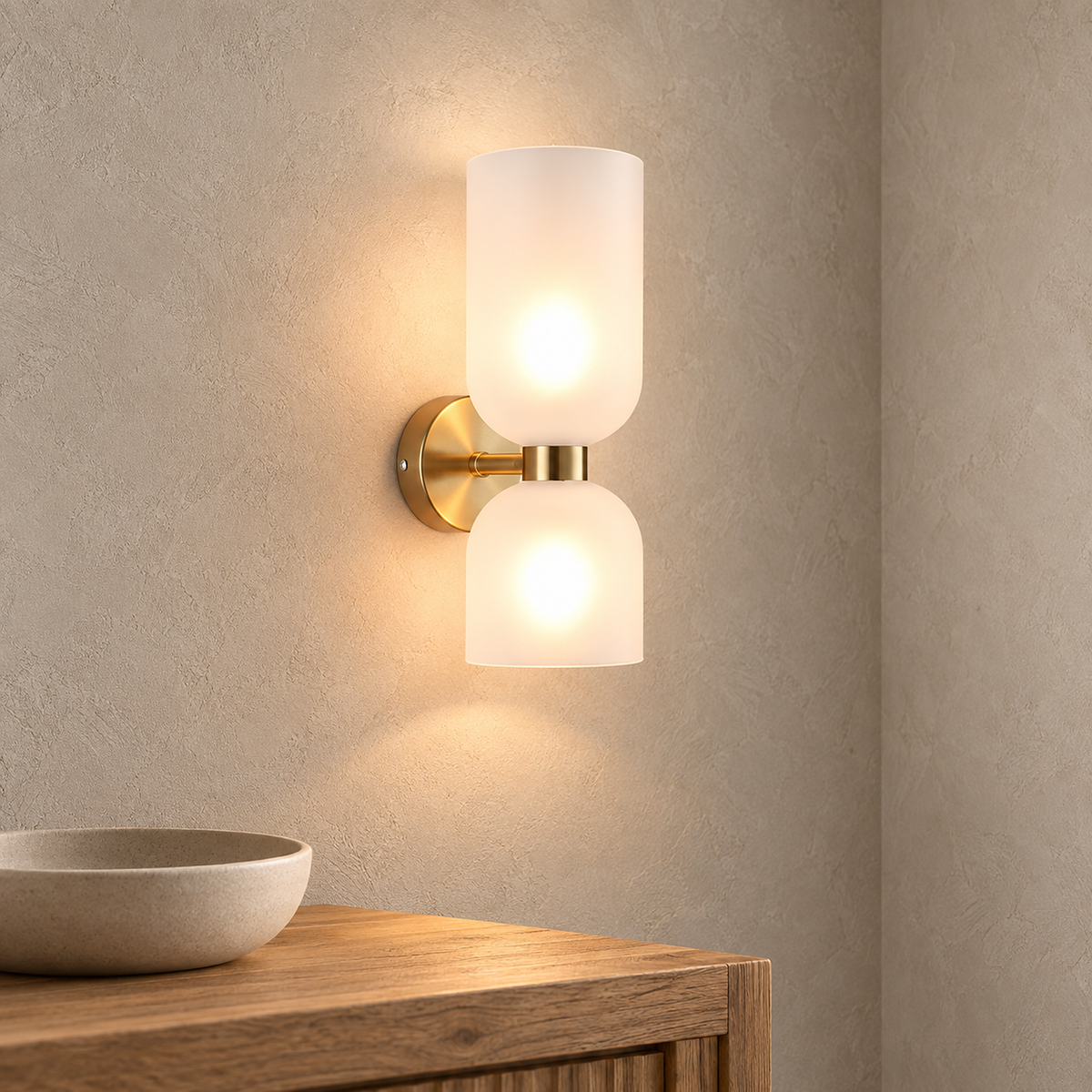 Riselona gold and opal glass wall lamp glowing above an entryway console in daylight