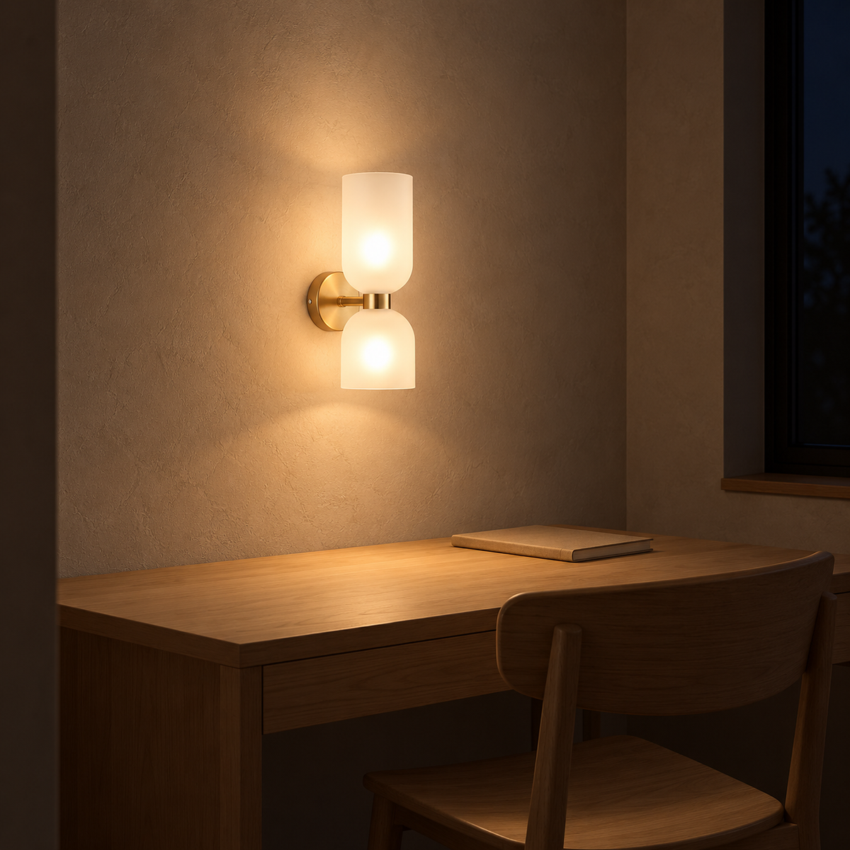 Riselona gold and opal glass wall lamp warming a study wall with light at night