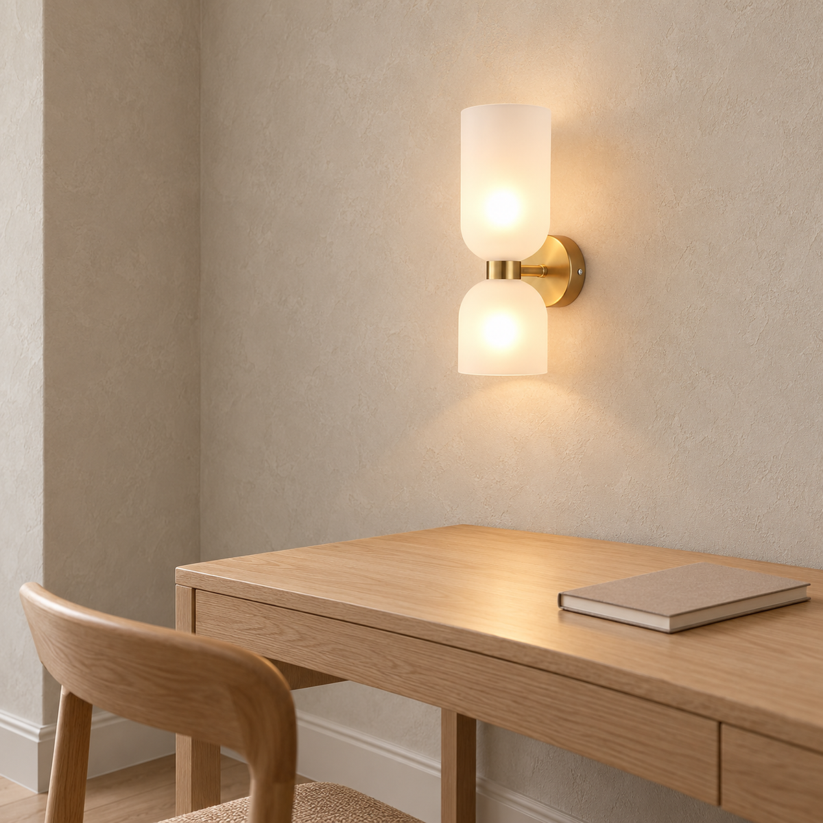 Riselona gold and opal glass wall light backplate on a study wall above a writing desk