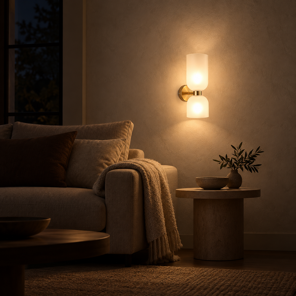 Riselona gold and opal glass wall sconce lighting a living room wall above and below