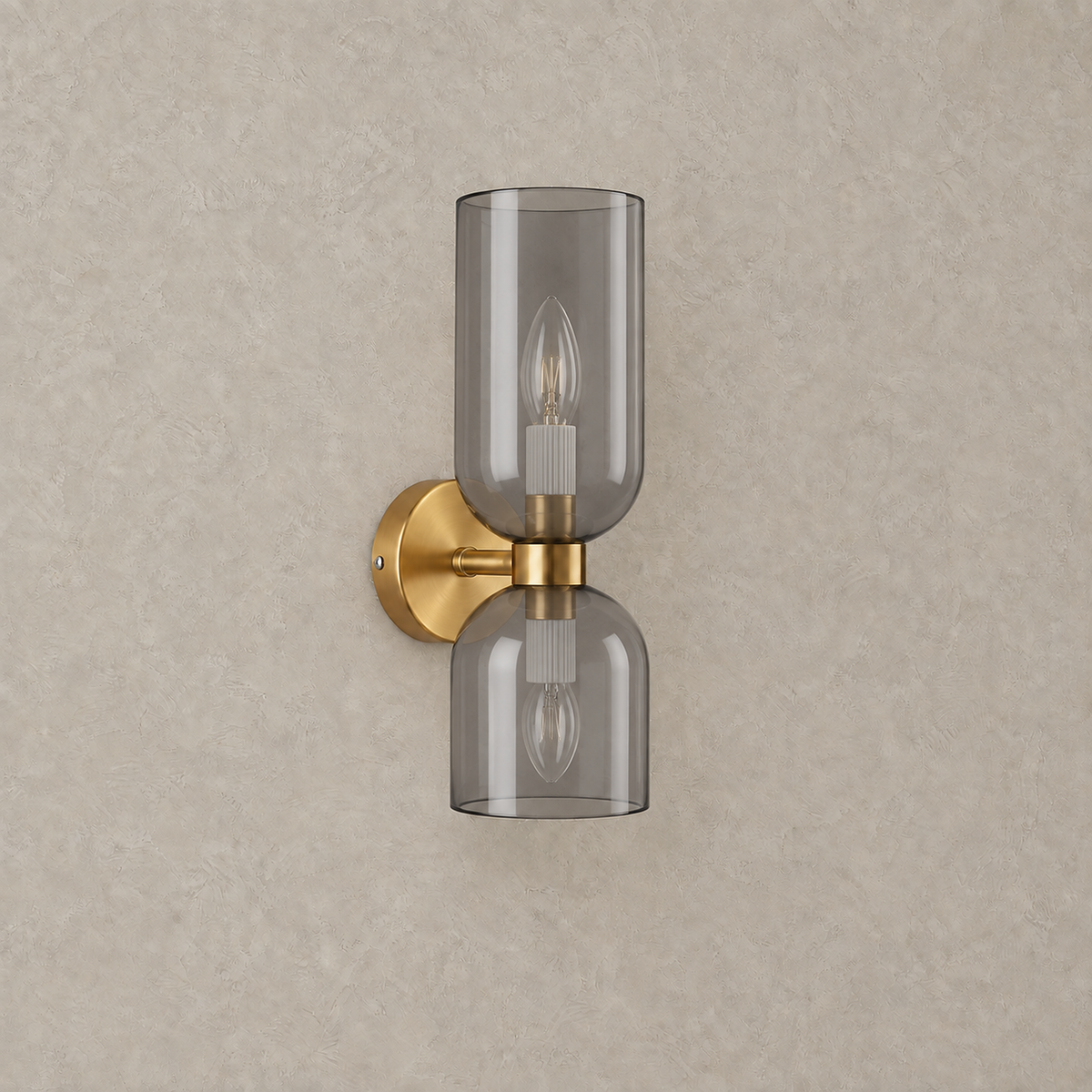 Riselona gold and smoke gray glass bedside wall light switched off on a plain backdrop #color_gold & smoke gray glass