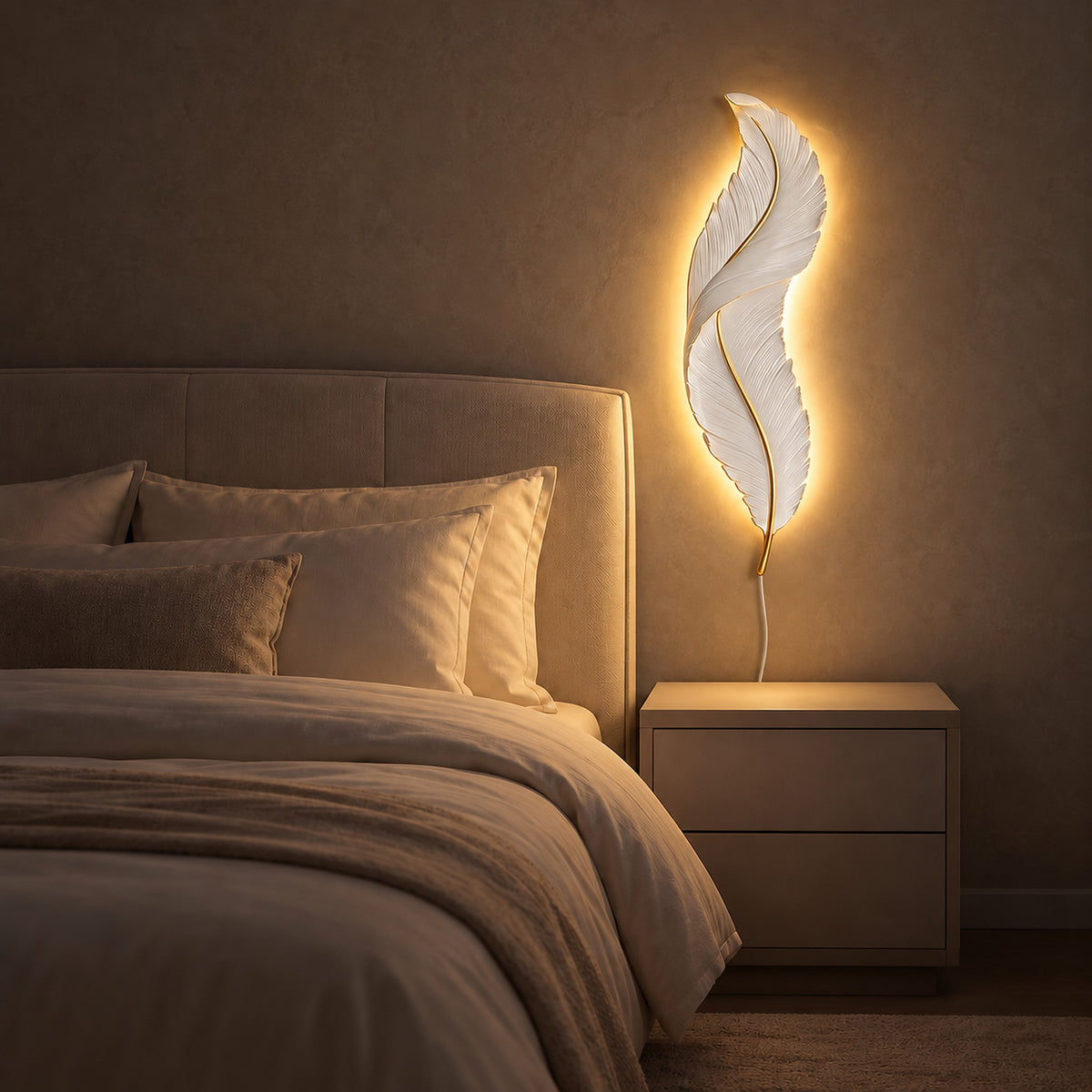 Riselvo white bedside wall light lighting the wall of a guest suite at night