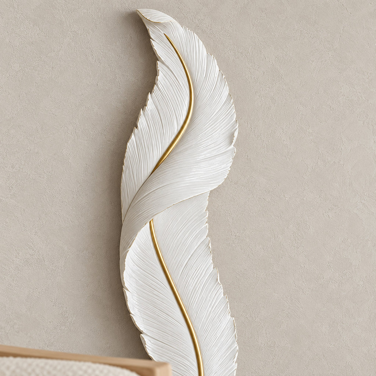 Riselvo white feather wall lamp close up showing the scored texture and the central spine