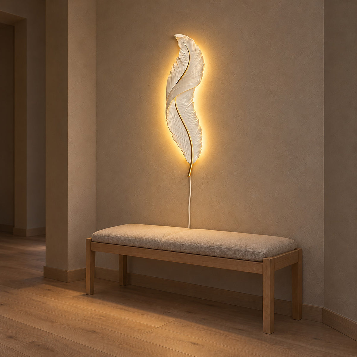 Riselvo white feather wall light glowing softly on the wall of an entry vestibule