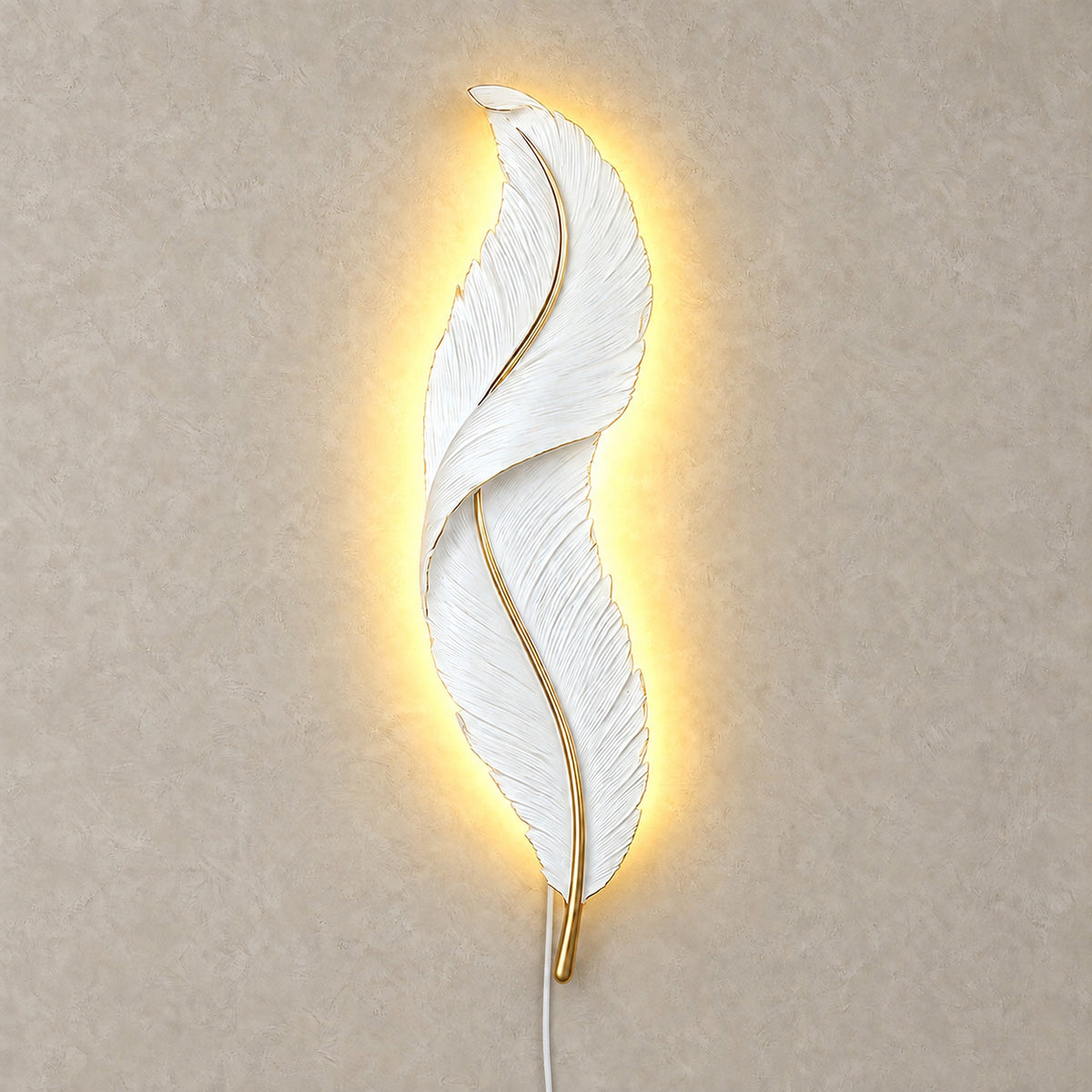 Riselvo white LED wall sconce glowing against plain greige plaster with the light switched on