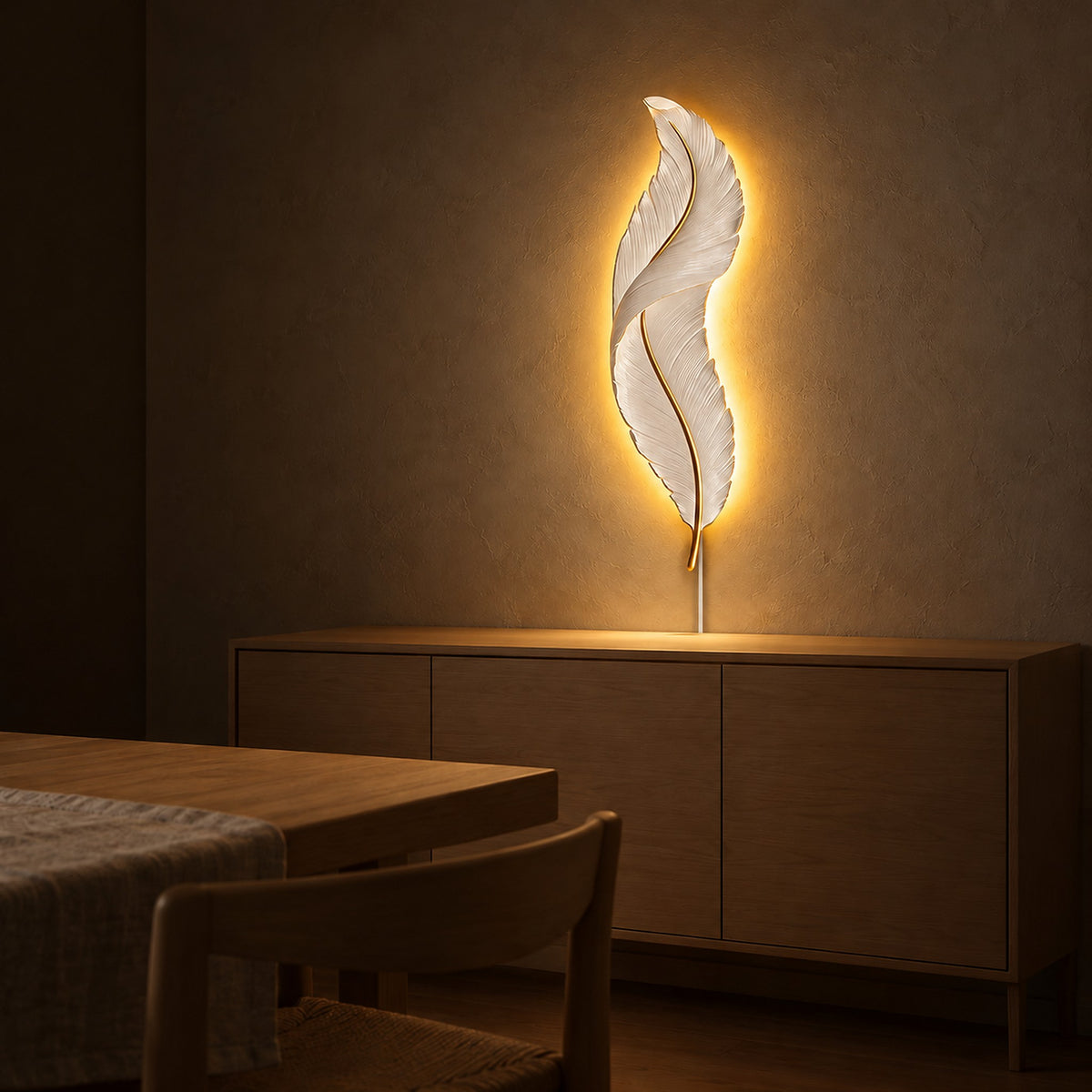 Riselvo white plug in wall light casting a warm white halo over a dining room at night