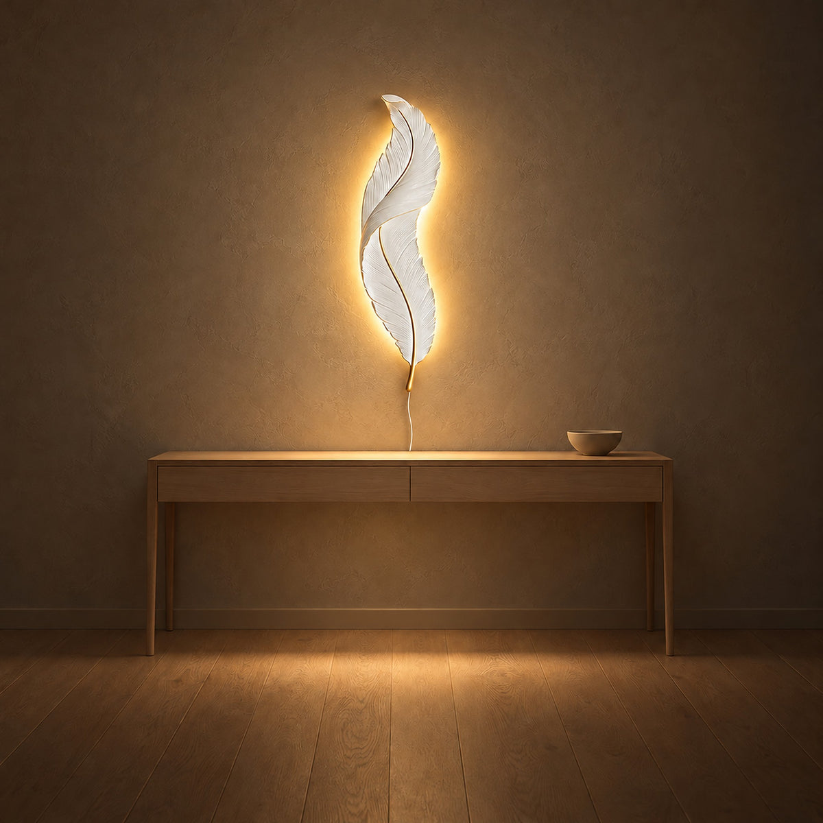 Riselvo white plug in wall light lighting a hallway at night with a soft dimmable glow