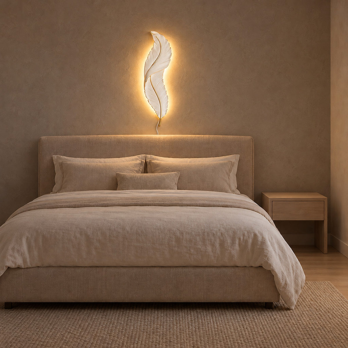 Riselvo white plug in wall sconce mounted by the bed so the nightstand stays clear