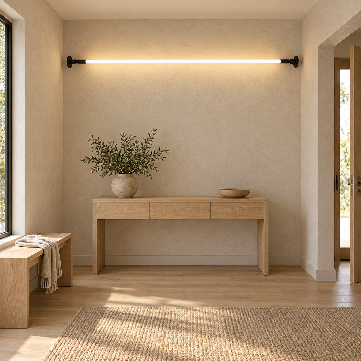 Ronelia black LED wall sconce glowing above a console table in daylight #color_black