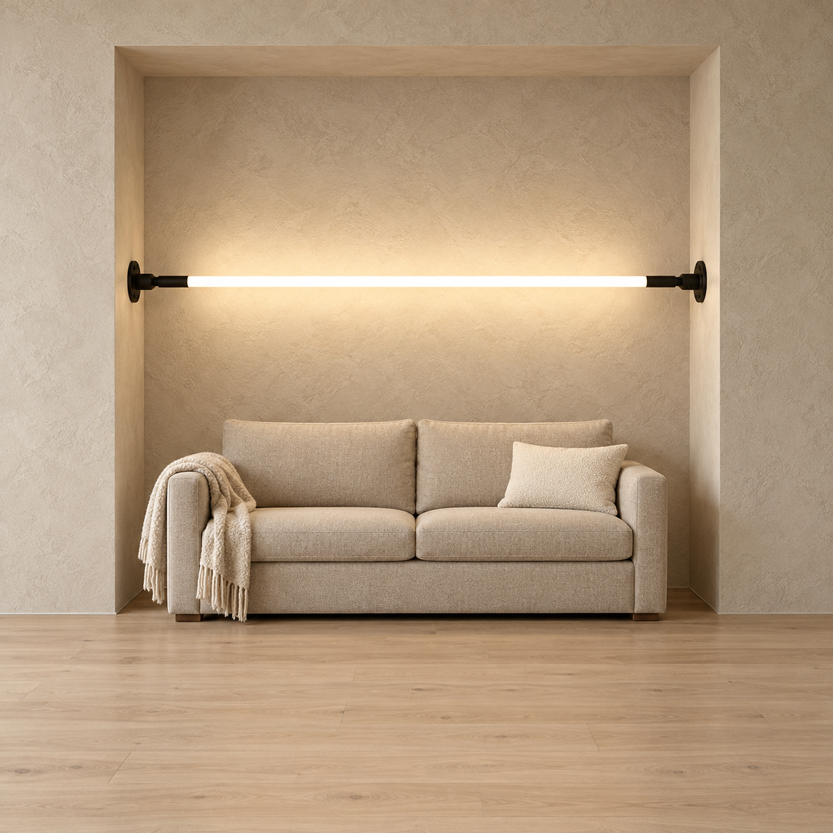 Ronelia black LED wall sconce glowing above an oatmeal sofa in living room daylight #color_black