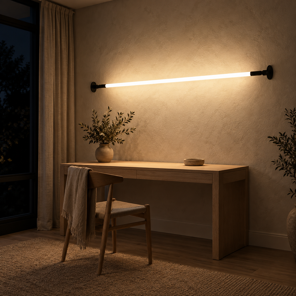 Ronelia black linear LED wall light spreading warm light across plain plaster at night #color_black