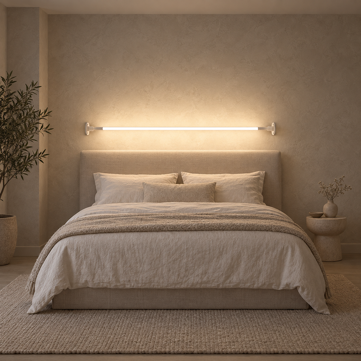Ronelia white LED wall sconce lit above a bed matching the width of the headboard