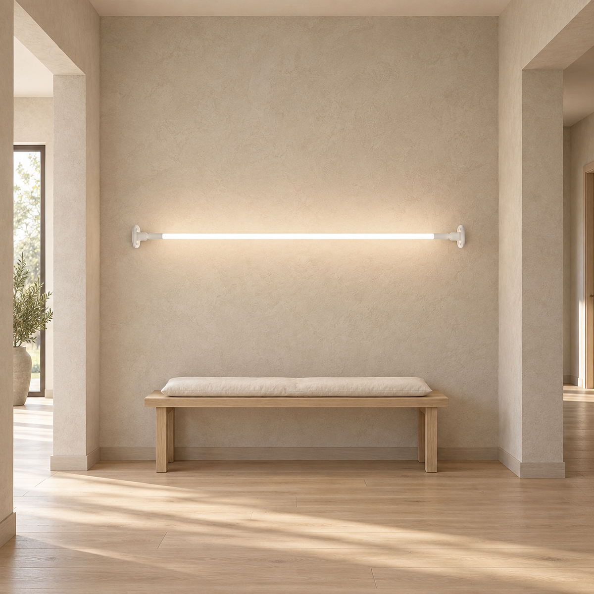 Ronelia white LED wall sconce lit on plain hallway plaster above a bench