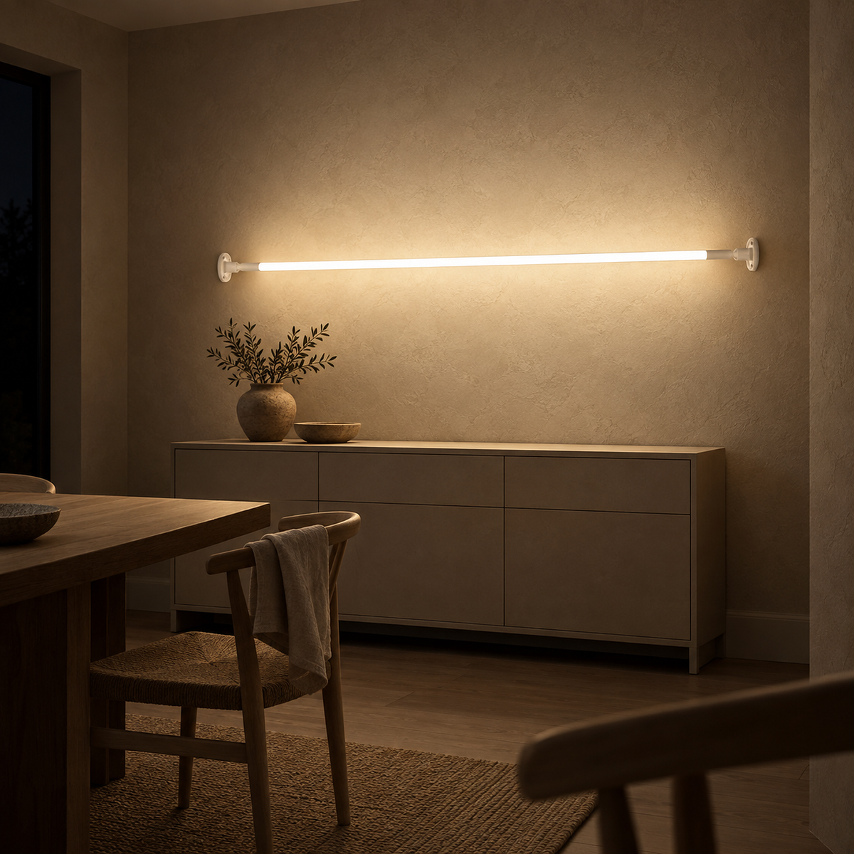 Ronelia white LED wall sconce washing the dining wall with even light at night
