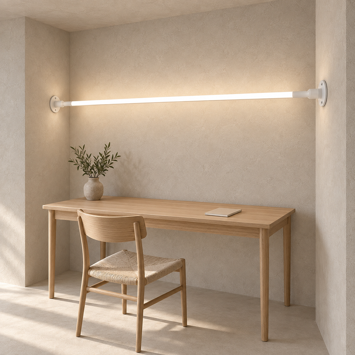 Ronelia white linear LED wall light lit at the end fitting against plain plaster