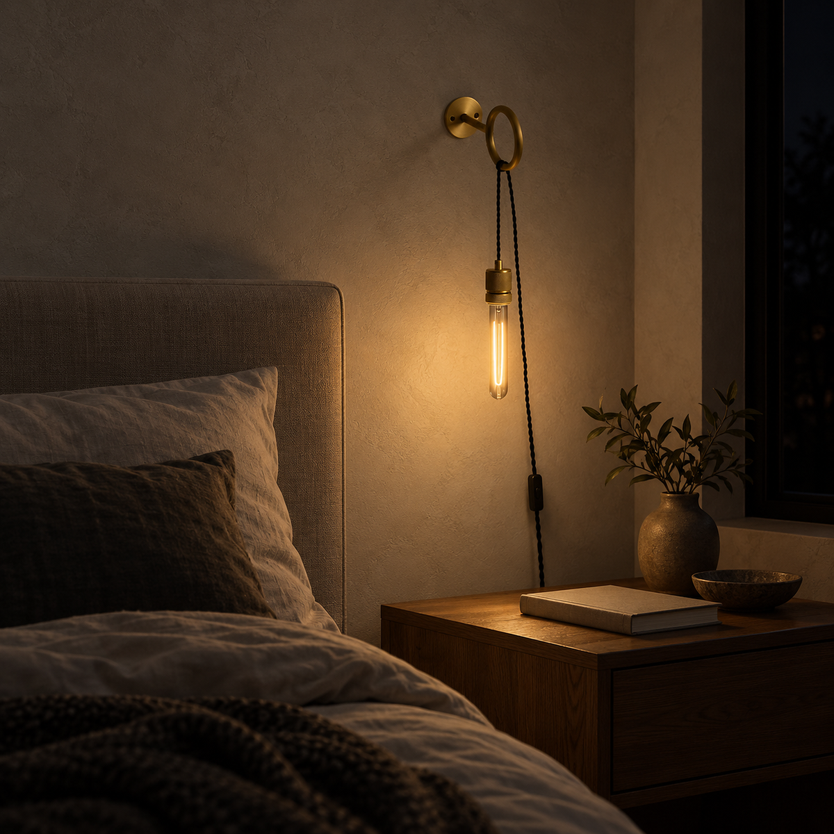 Rovenila copper bedside wall light casting a gentle warm pool onto bedroom plaster