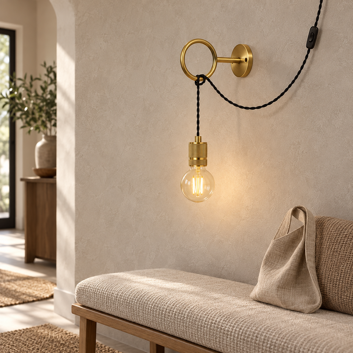 Rovenila gold bedside wall light showing its metal ring and suspended bulb holder